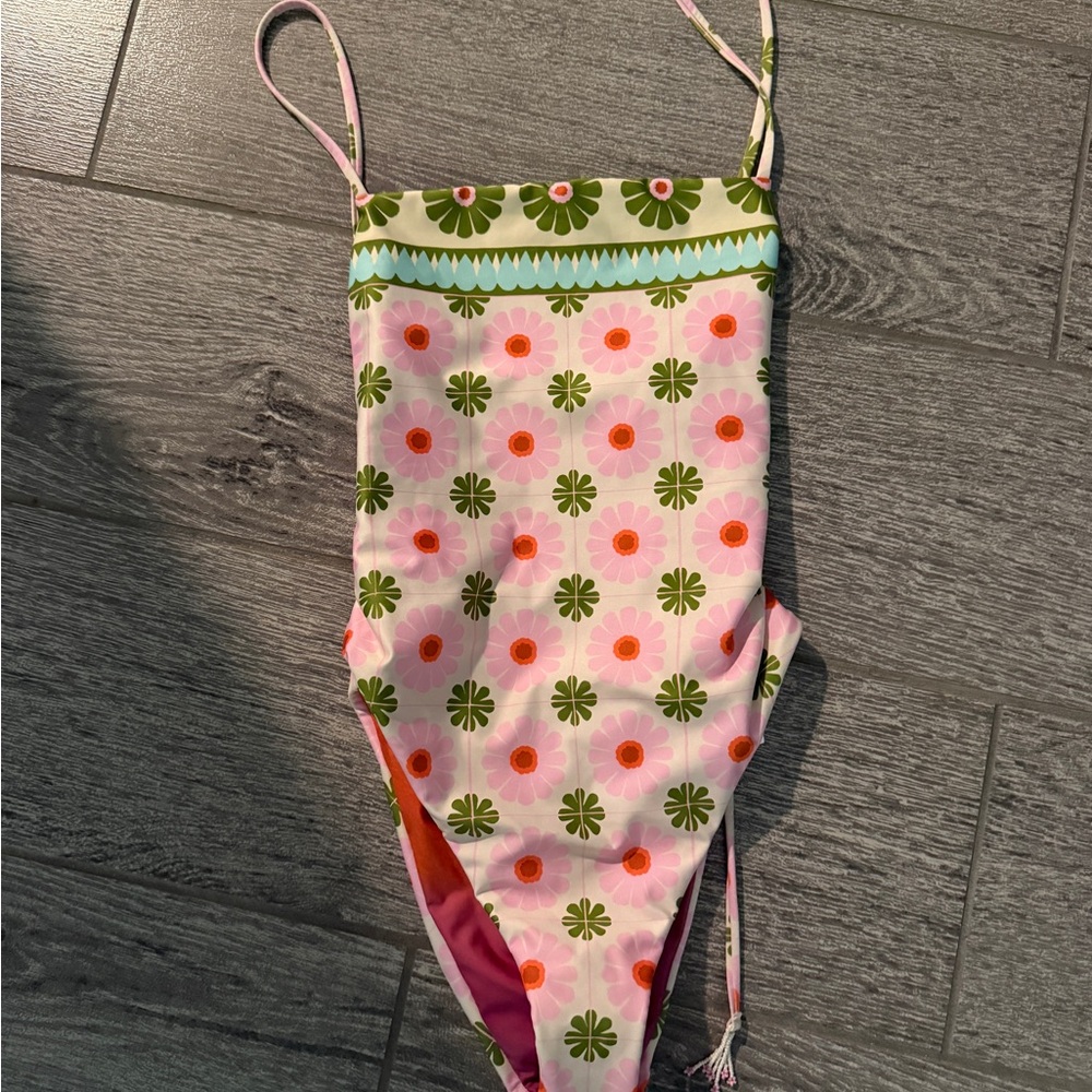 Anthropologie Pink and Green Floral One Piece Swimsuit